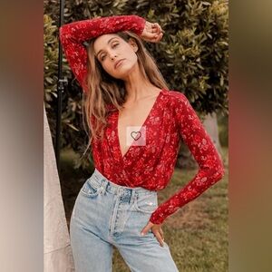 Free People Turnt Bodysuit Red Floral Print Top Size Small